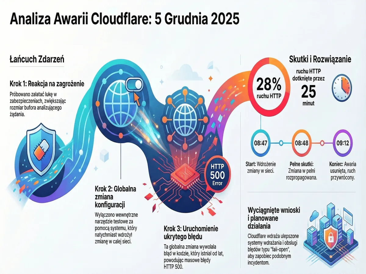 Infografika techniczna przedstawiająca przyczyny awarii Cloudflare z 5 grudnia 2025: błąd Lua w starym proxy FL1 podczas wdrażania mitygacji luki CVE-2025-55182 w React, który spowodował paraliż 28% internetu przez 25 minut