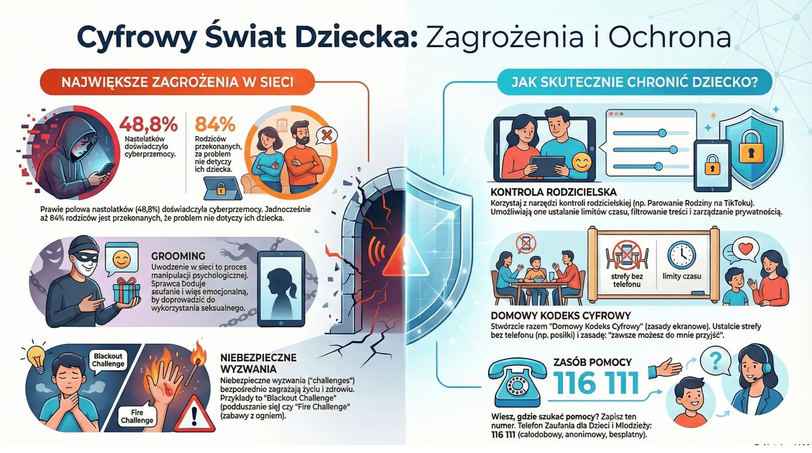 Infografika przedstawiająca zagrożenia dla dzieci w internecie: statystyki dotyczące cyberprzemocy, uzależnienia od mediów społecznościowych, wpływu AI na edukację oraz praktyczne porady dla rodziców dotyczące kontroli rodzicielskiej i bezpiecznego korzystania z technologii