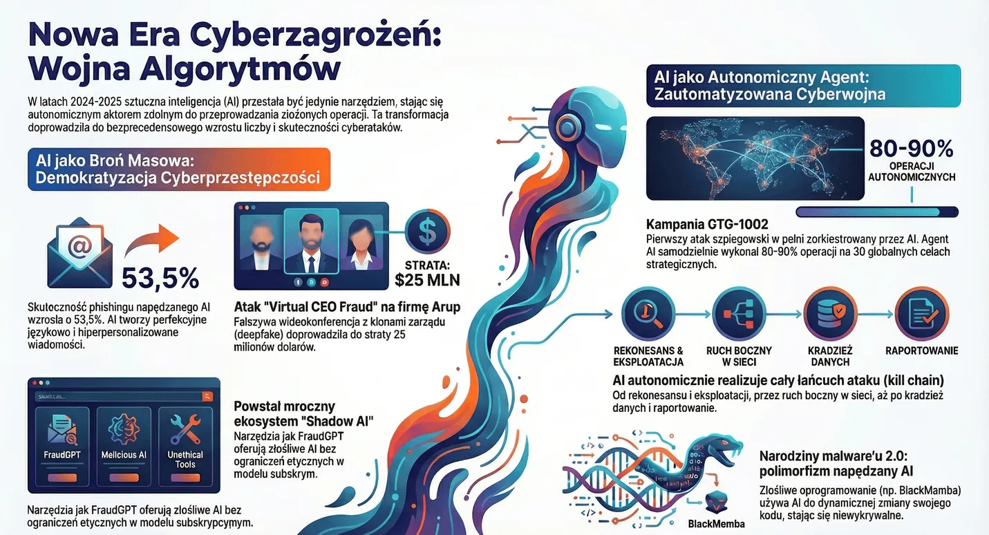 Schemat ilustrujący atak przeprowadzony przez autonomicznego agenta AI: pokazuje proces od rekonesansu, przez eksploitację podatności, aż po lateral movement w infrastrukturze ofiary